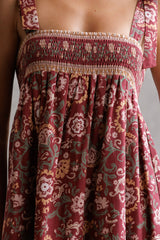 SJD7582 - MULTI FLORAL TIE MIDI DRESS: WINE MULTI FL / S