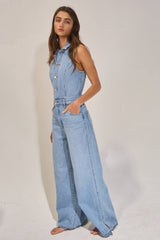 IR5621  Collared Wide Leg Denim Jumpsuit