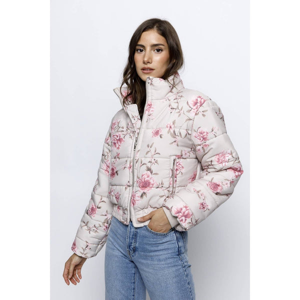JT6514-1- ROMANTIC FLORAL PUFFER JACKET: PINK / M
