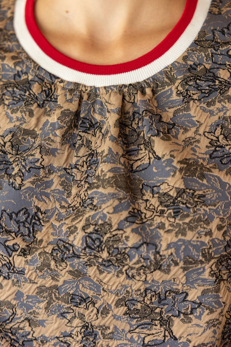35857 Mixed Solid and Floral Jaquard Top: Blue / M