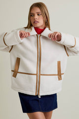 LAPEL COLLAR JACKET WITH LONG SLEEVE AND FRONT ZIP CLOSURE: IVORY-LT BROWN / M
