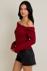 ONE SHOULDER RIBBED DIFFERENCE DETAIL SWEATER TOP: H BROWN / XS
