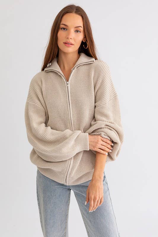 ZIP UP OVERSIZED SWEATER CARDIGAN: Taupe / M