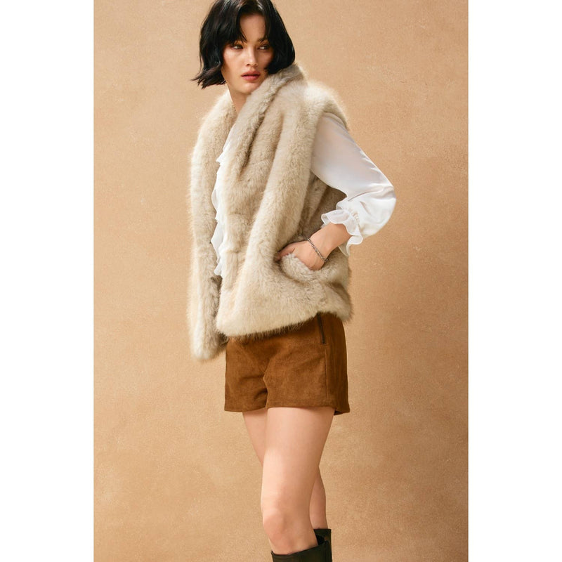 Snow Angel Collared Furry Vest: FRENCH STONE