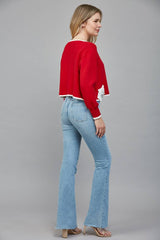 CONTRAST BOW DETAIL OPEN CARDIGAN FW90585: RED/CREAM / L