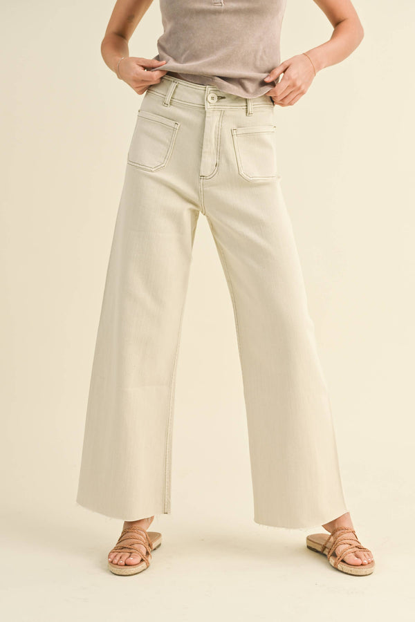 MMP1913   STRAIGHT WIDE LEG PANTS WITH FRONT POCKET: WASHED BEIGE / S