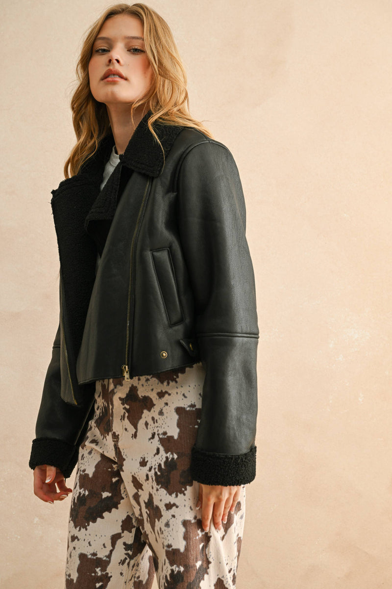 BIKER JACKET: BLACK/BROWN / S
