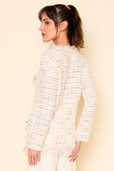 CHIC FRAYED TWEED RIBBON PEARL LOOSE FIT CARDIGAN OI6288FO: WHITE/PINK / Contemporary / L