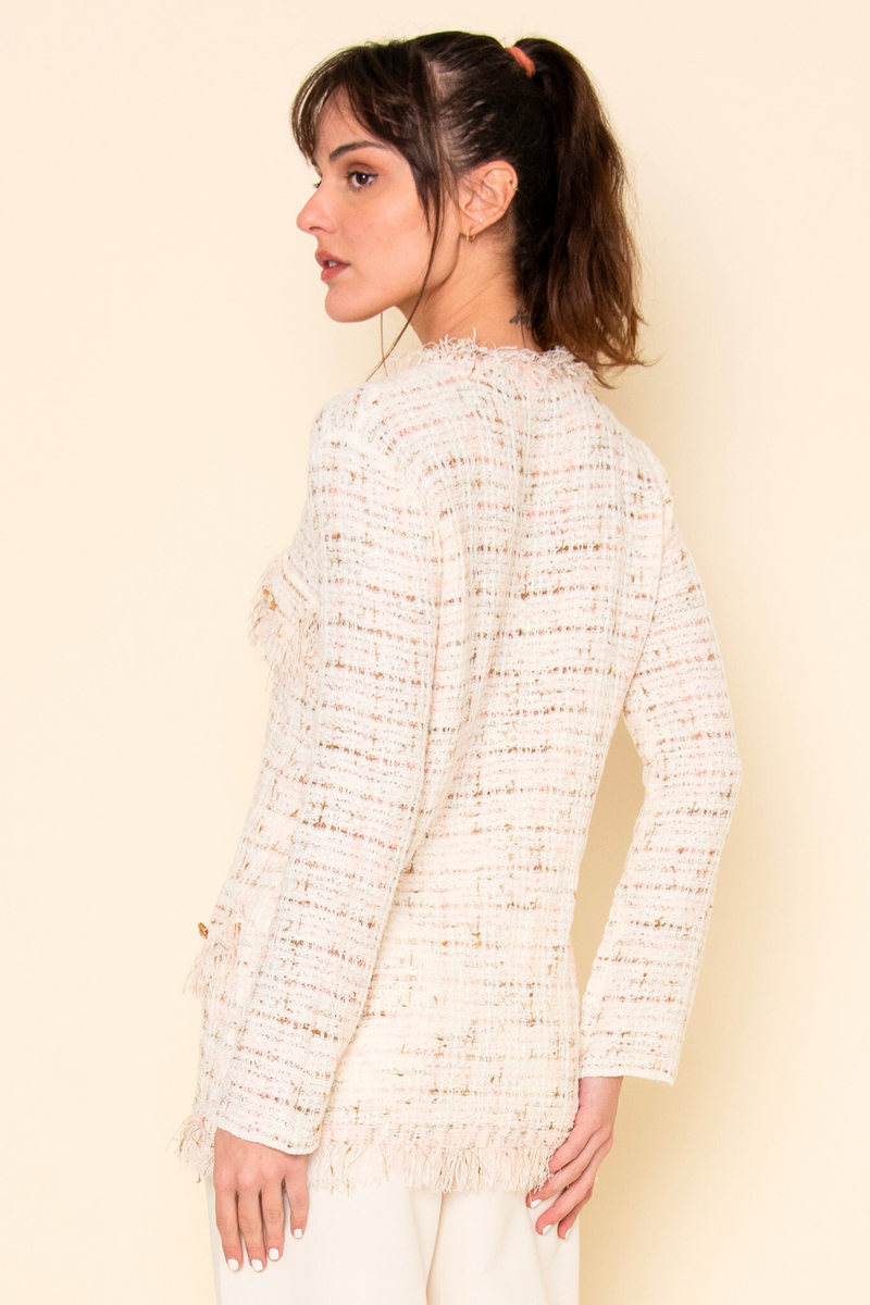 CHIC FRAYED TWEED RIBBON PEARL LOOSE FIT CARDIGAN OI6288FO: WHITE/PINK / Contemporary / L