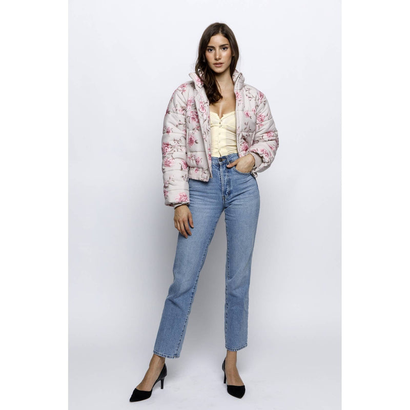 JT6514-1- ROMANTIC FLORAL PUFFER JACKET: PINK / L
