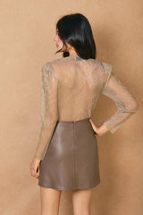 Faux Leather Slit Mini Skirt: TAUPE