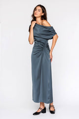 JD9203-ONE SHOULDER RUCHED MIDI DRESS: CHOCOLATE / S