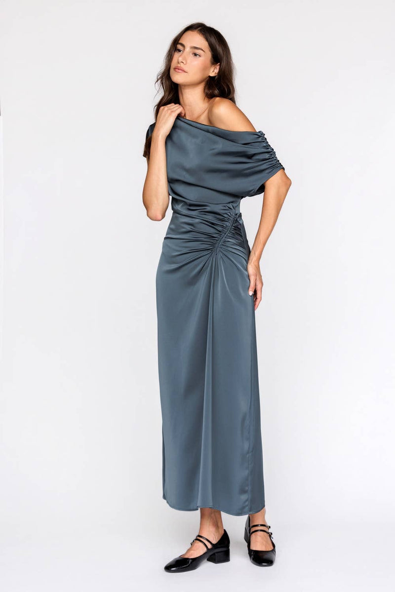 JD9203-ONE SHOULDER RUCHED MIDI DRESS: CHOCOLATE / S