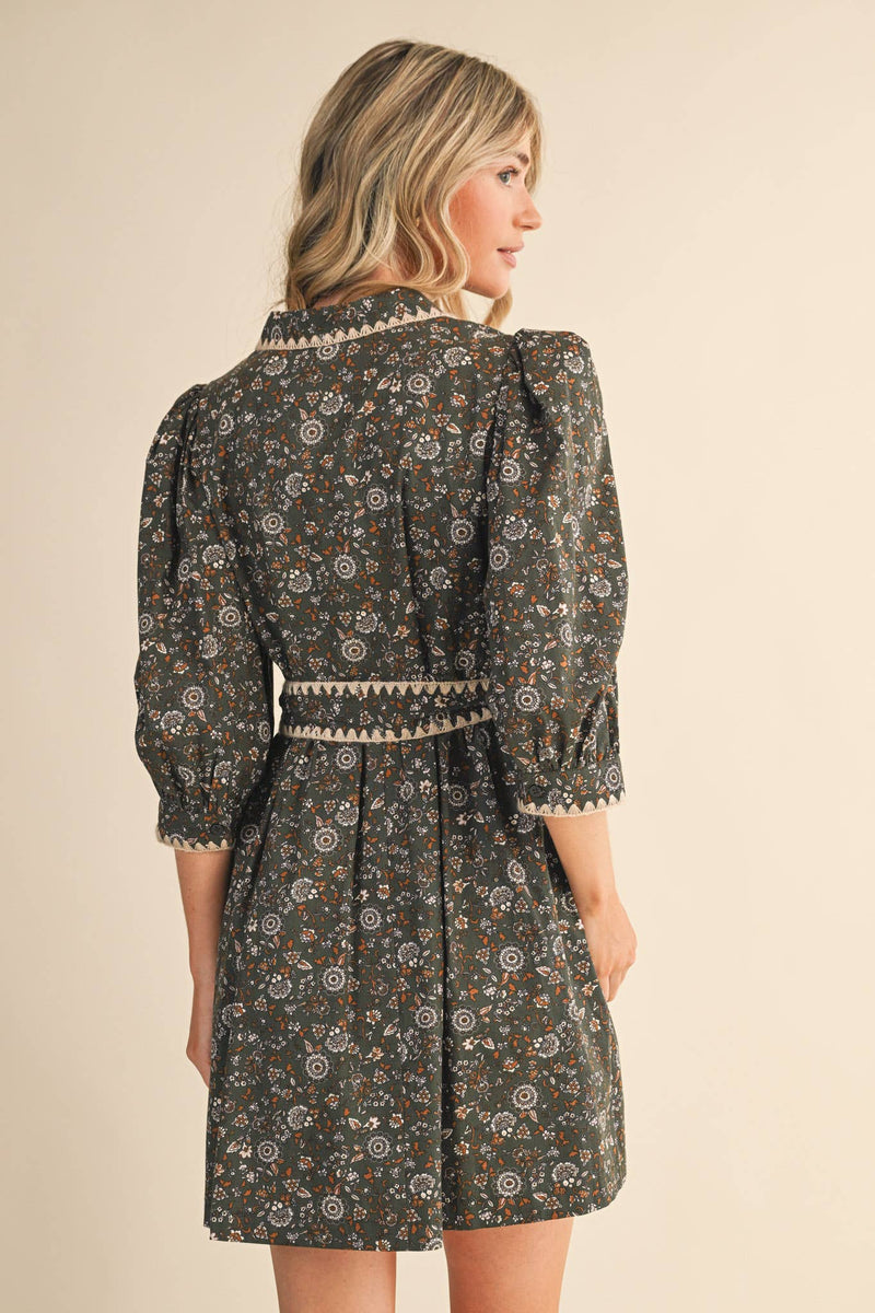 BLANKET STITCH PUFF SLEEVE FLORAL MINI DRESS MDR4173: Plum Multi Floral / S