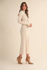 ID9660 MOCK NECK LONG SLEEVE RIB KNIT FLARED MIDI DRESS: CREAM / S