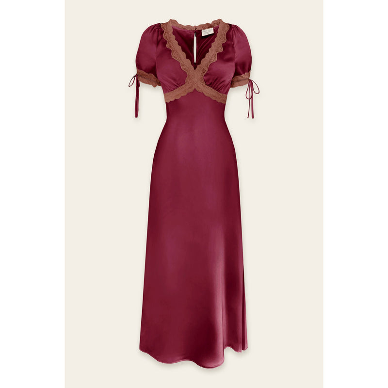 Dull Satin Lace Trim Midi Dress