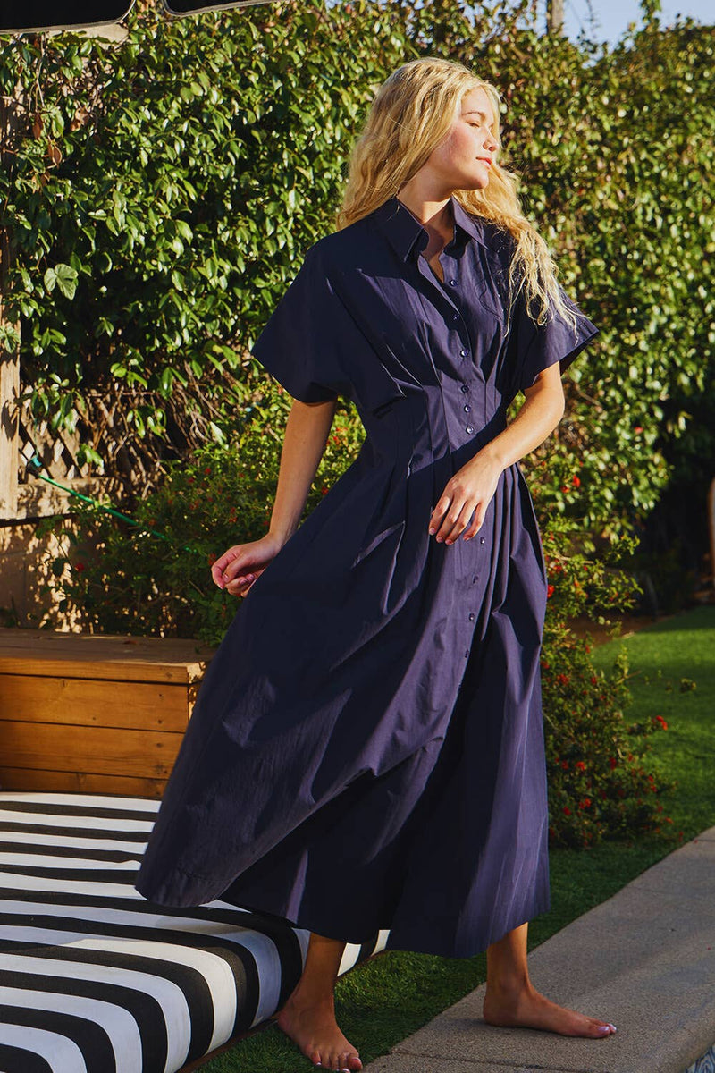 Button-Front Pleated Midi Shirt Dress