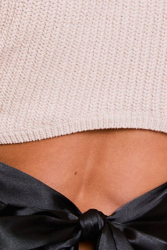 ROUND NECK SHORT SLEEVE BACK TIE KNIT TOP: Brown / M