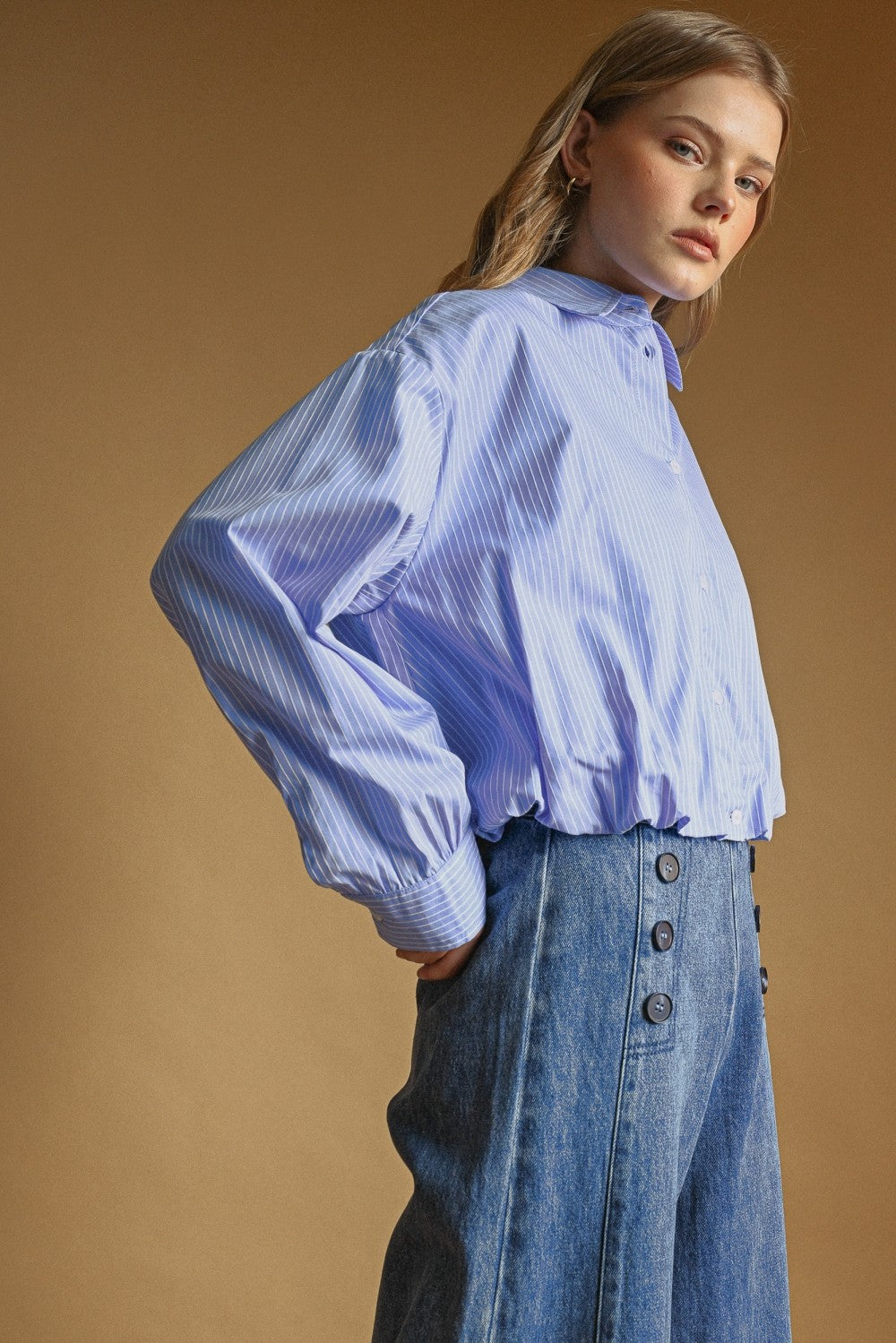 Striped Pattern Ballon Hem Button-down Shirt