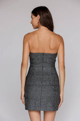 JD7868 - STRAPLESS MINI DRESS WITH VELVET BOWS: BLACK/ SILVER / M