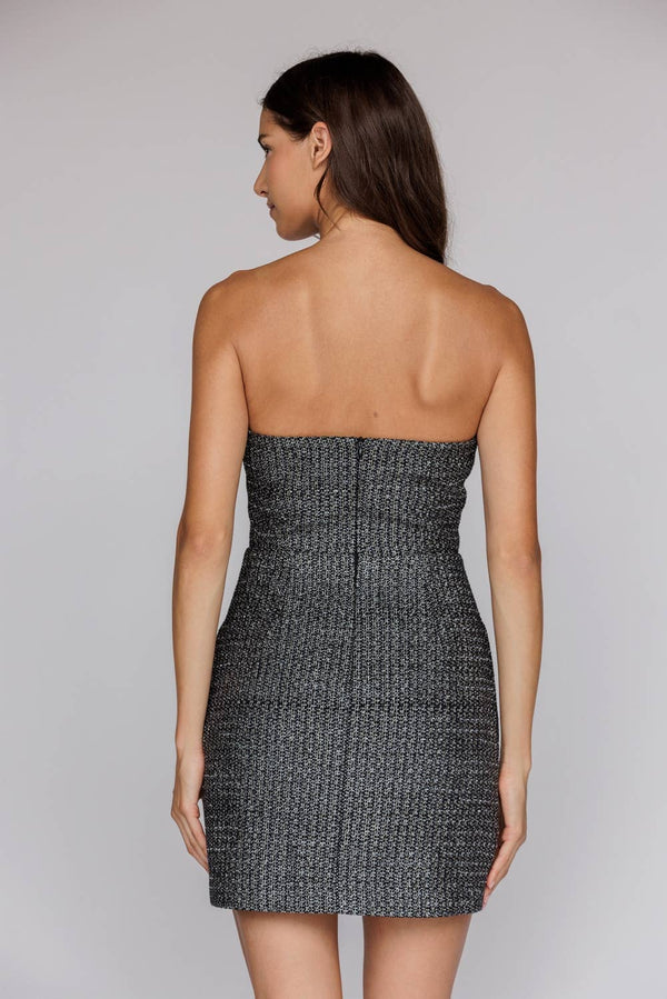 JD7868 - STRAPLESS MINI DRESS WITH VELVET BOWS: BLACK/ SILVER / M