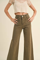 MMP1913   STRAIGHT WIDE LEG PANTS WITH FRONT POCKET: WASHED BEIGE / S