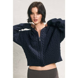 Cable Knit Hooded Zip Up Cardigan: NAVY