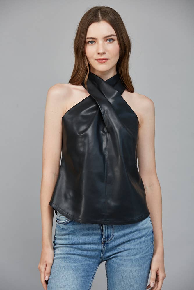 FAUX LEATHER CRISSCROSS NECKLINE SLVL TOP FT25409 : BLACK / L