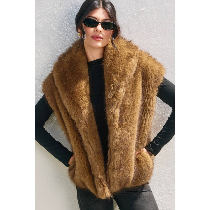 Snow Angel Collared Furry Vest: FRENCH STONE