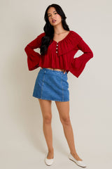 LONG SLEEVE FINE KNIT SWEATER WITH RUFFLE DETAILS: RUBY RED / S