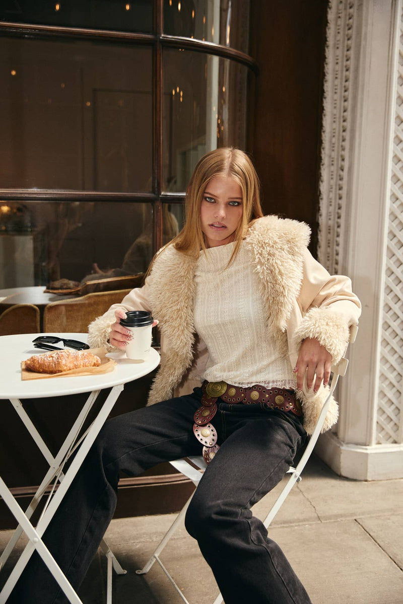 FAUX FUR TRIMMED SUEDE JACKET: Beige / S