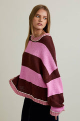 LONG SLEEVE DROP SHOULDER STRIPE SWEATER: PINK-BROWN STRIPE / L