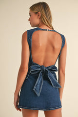 IST5697 DENIM OPEN BACK TOP WITH BOW DETAIL AND MINI SKIRT: DARK DENIM / S