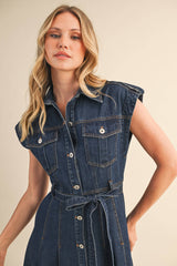 BUTTON DOWN MIDI DRESS: DK DENIM / L