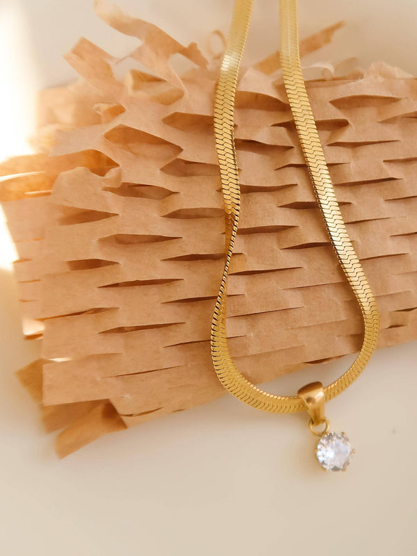 Blanc 18K Gold Non-Tarnish CZ Snake Chain Necklace: Yellow Gold / Square Pendant
