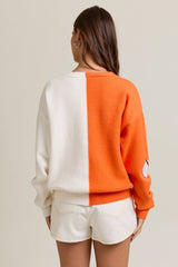 KNIT SWEATER CARDIGAN WITH FOOTBALL SEQUIN EMBROIDERY: WHITE-ORANGE / XS