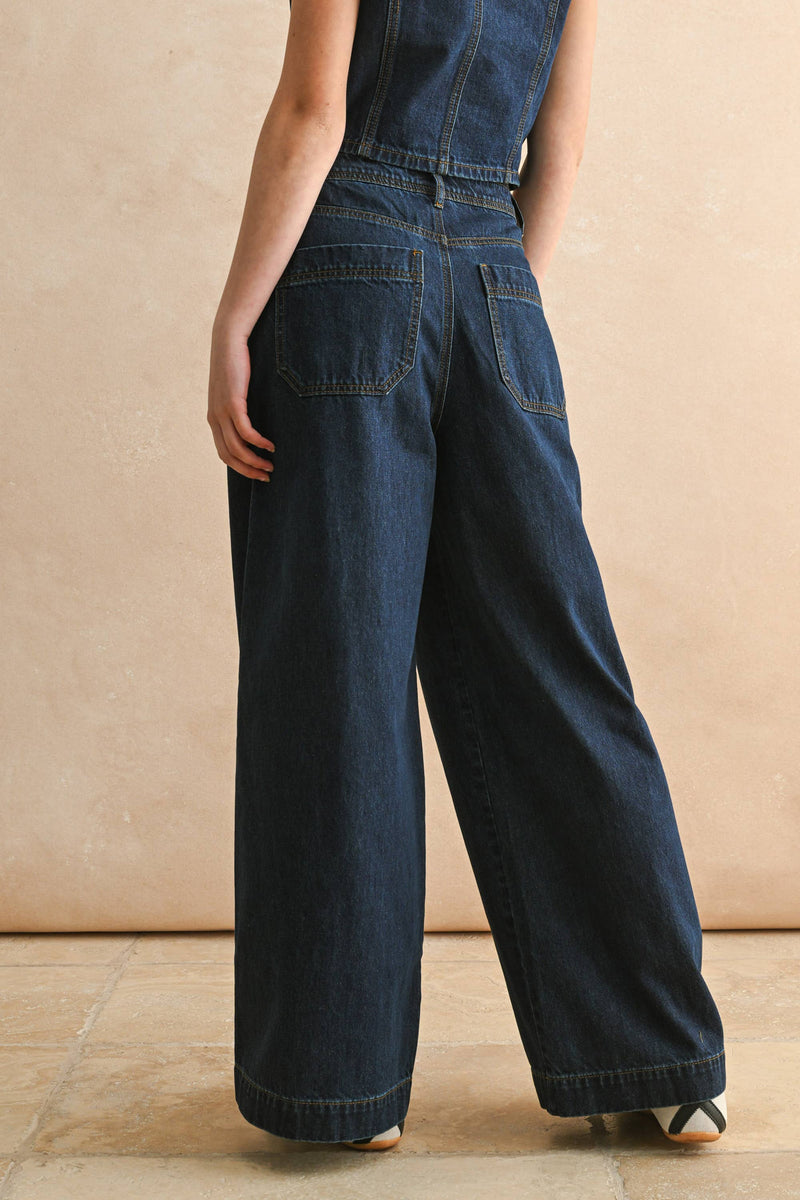 DARK DENIM WIDE LEG PANTS: DENIM / M