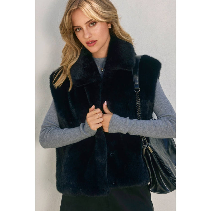 Wind Whispers Faux Fur Collared Vest: BLACK