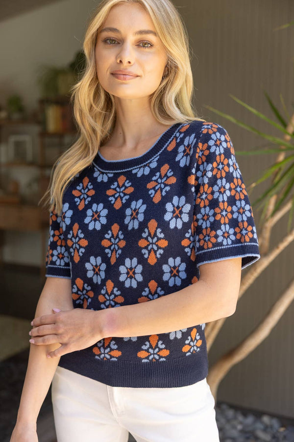 Floral Abstract Knit Top L