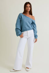 ASYMMETRICAL SHOULDER SWEATER TOP: DENIM BLUE / S