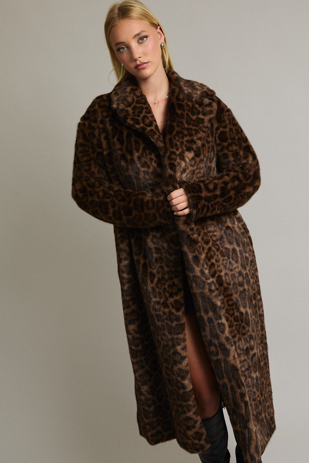 Leopard Print Faux Fur Long Coat Jacket