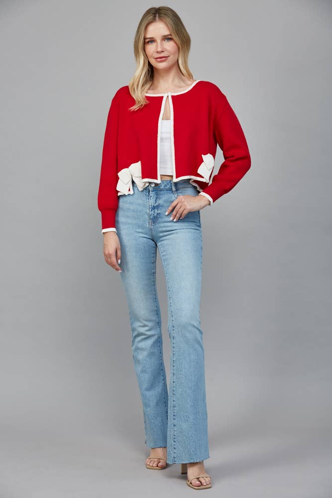 CONTRAST BOW DETAIL OPEN CARDIGAN FW90585: RED/CREAM / M