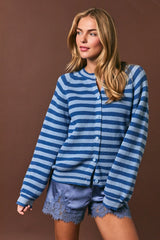 Raglan Long Sleeve Crew Neck Striped Sweater Cardigan