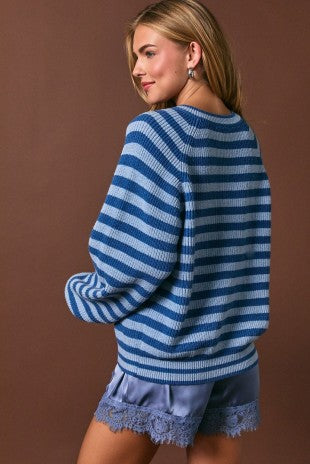 Raglan Long Sleeve Crew Neck Striped Sweater Cardigan