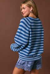 Raglan Long Sleeve Crew Neck Striped Sweater Cardigan