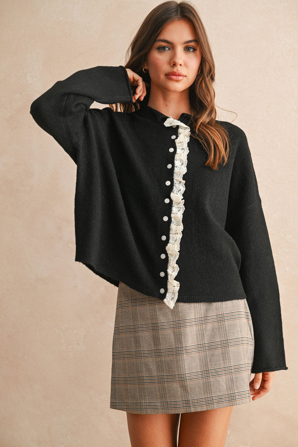 LACE TRIM KNITTED CARDIGAN: Black / M