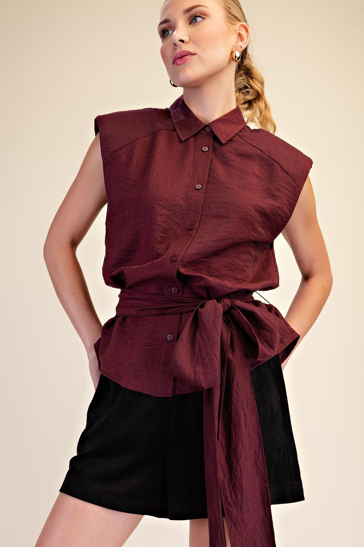 Waist Belt Tie Button Down Sleeveless Shirt