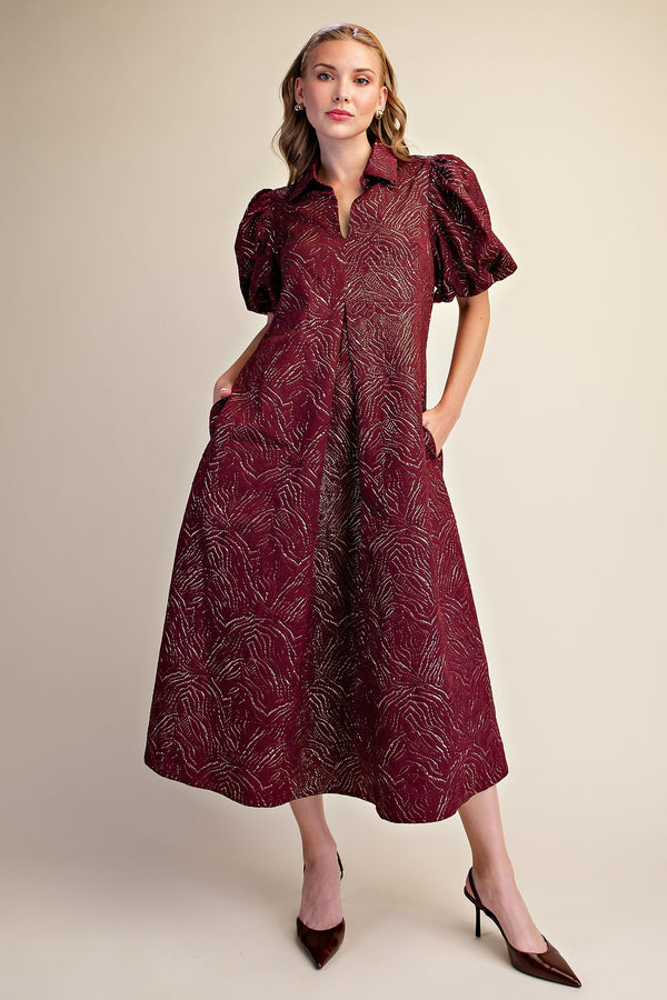 Puff Sleeve Pleated Lurex Midi Dress
