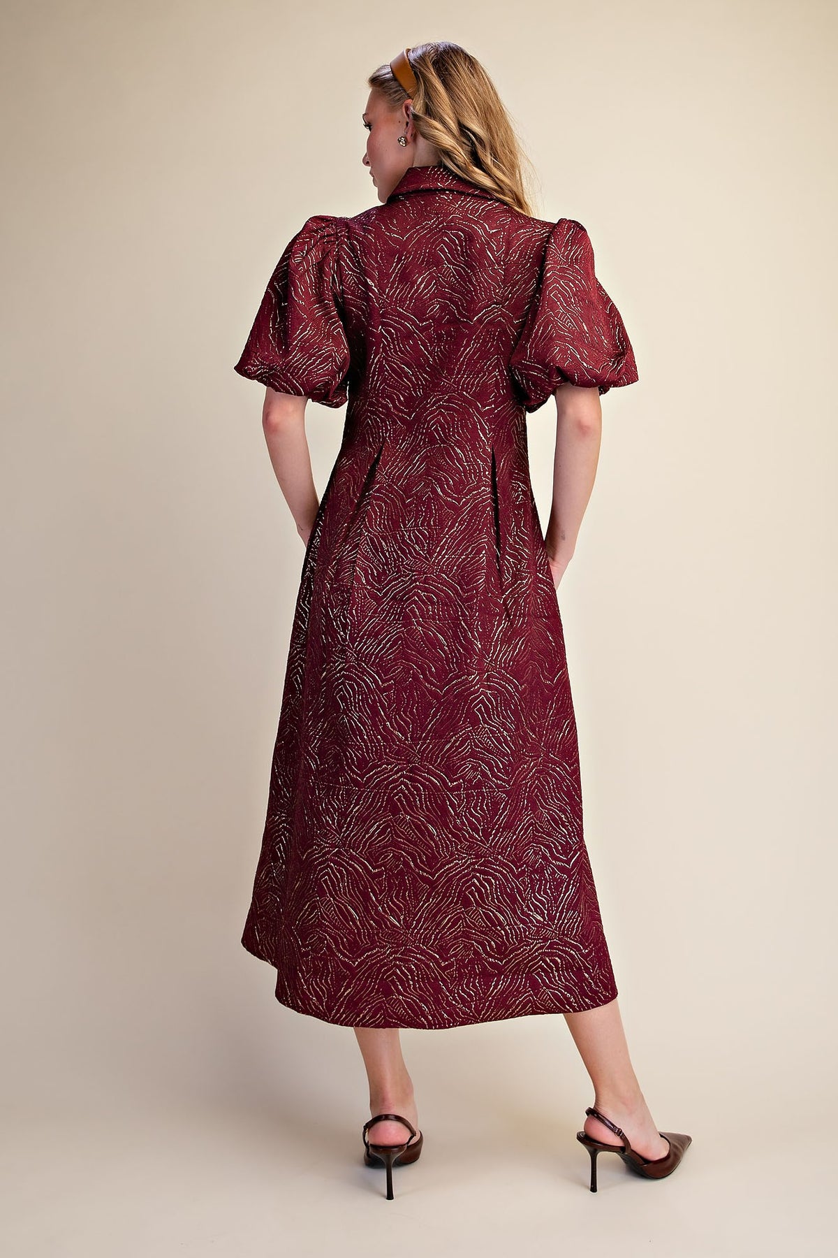 Puff Sleeve Pleated Lurex Midi Dress