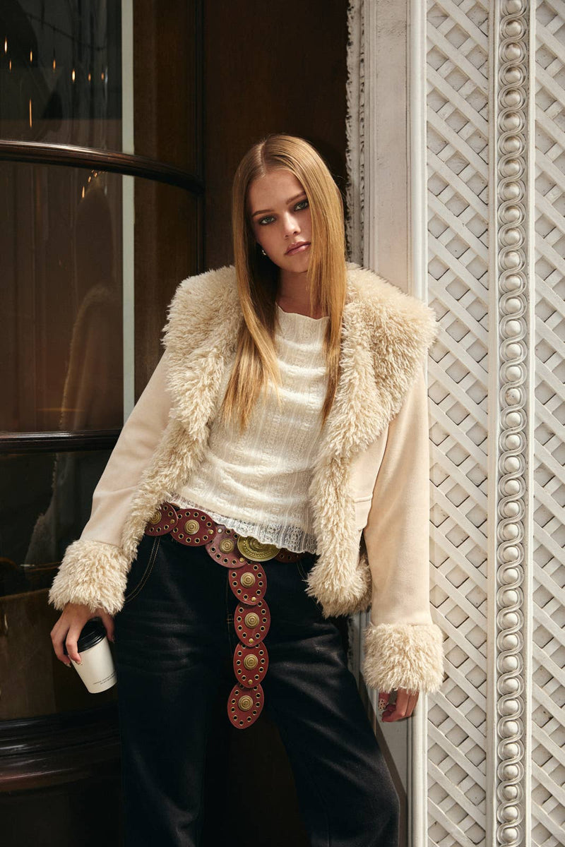 FAUX FUR TRIMMED SUEDE JACKET: Beige / XS